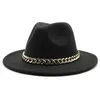 Ampla Brim Chapéus Bucket Fedora para Mulheres Homens Grosso Cadeia de Ouro Banda Chapéu Jazz Cap Inverno Outono Panamá Vermelho Luxo Chapeau Femme 231122