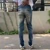Herr jeans streetwear mode män retro tvättade blå stretch mager fit rippad läder lappa designer hip hop varumärke byxor