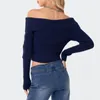 Damenblusen, schulterfreie T-Shirts, gestrickte Crop-Tops, modisch, U-Boot-Ausschnitt, lange Ärmel, Reißverschluss, Slim-Fit-Shirts, Damen, lässige Streetwear