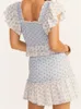 Dwuczęściowa sukienka seksowna biała niebieska kwiat nadruk zbiór rękawy zbiór klimatycznych kamizelki mini spódnica mini spódnica elastyczna rucha gorset 2 sztuki 1 set 230422
