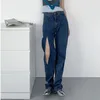 Jeans femininos jeans2023 high street fashion fenda drape linha rasgada reta