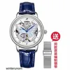 Rosdn Couple Watches Lauston Womens Watch Waterproof Automatic Mechanical Watch Female Red Belt Hollow Butterfly Womens Watch Natural Deep Blue Leather Gift O HBMF