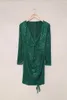 Повседневные платья, зеленые блестки, глубокий V-образный вырез, боковые гофрированные мини-платья с длинными рукавами, женская мода, облегающий стиль