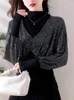 Women's T Shirts S-XXXL Designer Fashion Sequins T-Shirts Long Sleeve Batwing Slim Waist Loose Casual Tops Black Pullovers