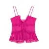 女性のブラウスフリルVネックノースリーブトップ薄いピンクの汎用性のある単色スパゲッティストラップY2Kファッション2023