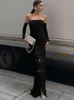 Vestido maxi de malha vazada com borla, elegante, sem alças, manga comprida, costas abertas, bodycon, outono, festa, roupas y k