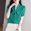 Women's Blouses 2023 Summer Fashion Women Blouse Elegant V-neck Bow Lace-up Short Sleeve Striped Top Office Lady Formal Shirts