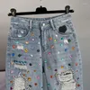 Kvinnors shorts kvinnor jeans 2024 vår sommar mode hög midja smal knä längd rak hål byxor inlagd diamant