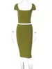 Vestidos de trabalho mozision verde sexy feminino conjunto de duas peças gola quadrada manga curta topos e saia midi conjuntos de correspondência senhoras bodycon festa