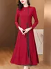 カジュアルドレス女性の赤いニットパッチワークロングドレス秋の冬の袖エレガントなボディコンプロム2023韓国ヴィンテージラグジュアリーベスティドス