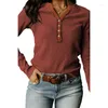 T-shirt à manches longues pour femmes, Style décontracté, couleur unie, tricot gaufré à carreaux, pull à boutons, col en v profond, début d'automne