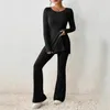 Women's Two Piece Pants Women Set Knit Ribbed Pullovers Tops Pant Sets Outfits Ladies Solid Crewneck Slit Hem Tee And Tracksuits