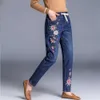 Calças de brim femininas 2023 rendas até floral bordado harem mulheres elásticas cintura alta denim calças vaqueros vintage streetwear marca por atacado