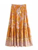 Etekler vintage şık hippi kadınlar turuncu çiçek baskısı plaj bohem etek yüksek elastik bel pilili boho rayon maxi etekler femme 230422
