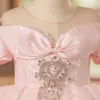 2023 Lussuosi abiti da ragazza di fiore rosa tutù bling lucido Strati di perline di pizzo Tulle Lilttle Abiti da sposa per spettacolo di compleanno per bambini Abito da damigella d'onore per spettacolo per bambina