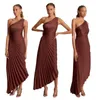 Casual Dresses Women's Fashion Solid Color One-Shoulder Pleated Satin Sexig klänning Evening Vestidos de Mujer