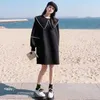 Casual Dresses Women Fashion Beading Black Dress 2023 Spring Autumn Long Sleeve Elegant Sweet Loose Korean Mid-long Hoodie 6609