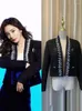Women's Jackets Autumn Est 2023 Luxury Designer Fashion Diamonds Beading Shawl Collar Tweed Jacket Elegant Black Wool Short Coat
