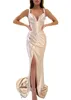 Sexy Champagne Plus Size Mermaid Prom Dresses Long for Women Spaghetti Straps Draped High Side Split Formal Wear Birthday Pageant Second Reception Party Gowns