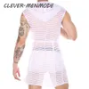 Mens Sexy Ultra-thin See-through Men Nightgown Skirt Cardigan Striped Bathrobe Sleeveless Hooded Transparent Nightdress