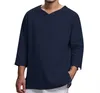 T-shirts pour hommes col en V chemise de grande taille hauts solides pull haut ample vacances d'été plage décontracté manches trois quarts lin homme 230421