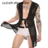 Mens Sexy Ultra-thin See-through Men Nightgown Skirt Cardigan Striped Bathrobe Sleeveless Hooded Transparent Nightdress