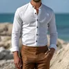 Camicie casual da uomo Camicia vintage alla moda monopetto tinta unita senza colletto in lino a maniche lunghe Top abbigliamento per uomo