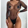 Plus Size Women Erotic One-piece Fishnet Stockings Bright Drill Bodysuit Exotic Costumes Sexy Lingerie Transparent Porno Dress