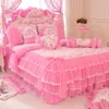 Korean style pink Lace bedspread bedding set king queen 4pcs princess duvet cover bed skirts bedclothes cotton home textile 201114330F