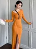 Casual Dresses 2023 Spring Y2K Sexy Dress Woman Orange Cut Out Hollow Long Sleeve Pleated Skinny Split Robe Femme Party Street Vestidos