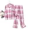 Dames Slaaplounge Katoenflanel Lange broek voor dames Pyjamasets voor nachtkleding Geruit ontwerp Losvallende herfst- en winterbroekpakken met lange mouwen 231121