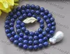 Pendant Necklaces Z11165 25" 25mm Blue Round Lapis Lazuli Bead White KESHI Pearl Necklace