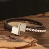 Braccialetti con ciondoli Bracciale da uomo retrò in acciaio inossidabile Bracciale in pelle intrecciata con motivo a grano Fibbia magnetica Moda classica e versatile