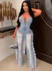 Women s Jumpsuits Rompers Sibybo Tassel Hollow Out Overalls For Women Studded Diamond Strapless Backless Jeans Street Fashion Trend Jumpsuite Femme 231121