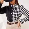 Blouses pour femmes Chemisier en patchwork d'échiquier noir et blanc Design de mode Chemise élégante pour femme Col rabattu Manches longues Printemps