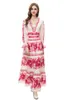 Designer damski Dwuczęściowy sukienka V Długie rękawy z długim rękawem z kwiatowymi bliźniaczkami Line Line