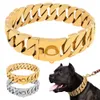 Köpek Yakaları Tasarlar 19mm Güçlü Metal Köpek Zinciri Kolye Evcil Hayvan Eğitimi Paslanmaz Çelik Bikkül Yaka Büyük Yürüyen Köpek Yüzüğü için Altın Küba Bağlantı 230422