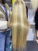 Perruques préfabriquées Silky droites cheveux humains birmans couleur jaune perruque avant de lacet délié préplumé