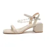 Sandals Gentle Women One Line Mid Heel Sandalias Detachable Beaded Strappy Shoe Sweet Girl Pumps 2023 Summer Solid Roman Zapatos