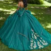 Yeşil Parlak V-Neck Ballsowe Quinceanera Elbiseler Kolsuz Altın Aletler Dantel Büyük Yay Boncukları Korse Vestidos De 15 Anos