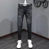 Jeans pour hommes Street Fashion Hommes Rétro Noir Gris Élastique Stretch Skinny Fit Ripped Perles Patch Designer Hip Hop Marque Pantalon