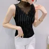 Women's Tanks Camis 5359 Black White Turtleneck Knitted Tank Top Women Shinny Diamonds Sexy Tight Elastic Outerwear Short Crop Tops Femme Summer 230422