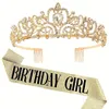 Party Hats Bling Crystal Crown Tiara Birthday Girl Queen Sash and For Women Decoration Kit 231122