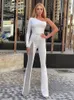 Ailigou blanc femmes une épaule à manches longues pansement combinaison Sexy creux maigre célébrité fête combinaison robes 230422