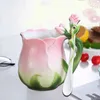 Tasses Tasse à café en céramique émaillée de Style européen, tasses à thé créatives en forme de fleur de Rose 3D pastorale 4 couleurs, tasses à lait de petit déjeuner avec cuillère 231122