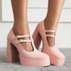 Klädskor block klackar dubbel t band Mary Jane Platform Chunky High Heel Strappy Pumpar med Buckle Spring Autumn Office Ladies White