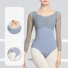 Scenkläder långärmad balettplikare för kvinnor lapptäcke mesh vuxen gym Skate Yoga Ballerina Dance Clothes Gymnastic Leotard Costume