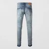 Jeans voor heren High Street Fashion heren retro lichtblauwe stretch skinny fit gescheurde paarse gepatchte designer hiphop merkbroek