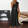 Abiti casual 2023 Autunno Cotone Lino Abito lungo da donna Nero scollo a V senza maniche A-line Allentato femminile elegante abiti da donna