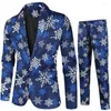 Ternos masculinos xingqing homens smoking natal 2 peça regular ajuste terno floco de neve santa impressão blazer jaqueta calças definir roupas de festa